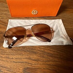 Tory Burch Gold and Brown Aviator Sunglasses